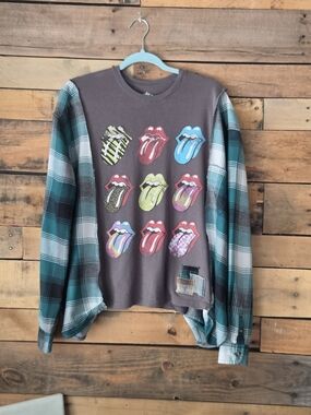 the Rolling Stones Graphic T-shirt Black  Plaid Long Sleeves.
